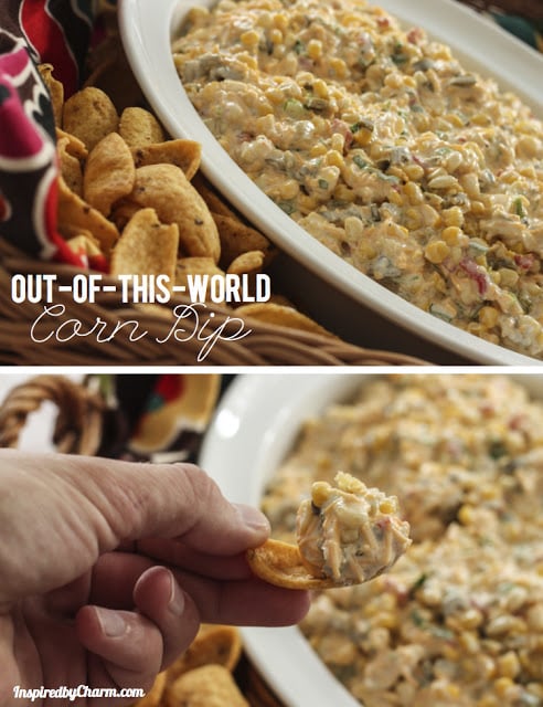 Out of this World Corn Dip scooped up on a frito