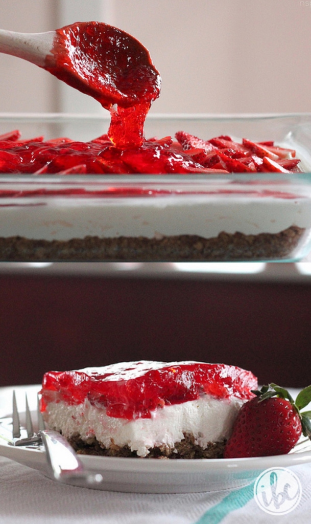 strawberry pretzel salad in a pan and on a plate.