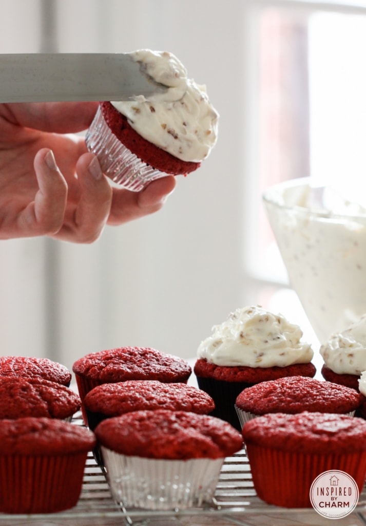 Red Velvet Cupcakes with Pecan Cream Cheese Frosting | Inspired by Charm