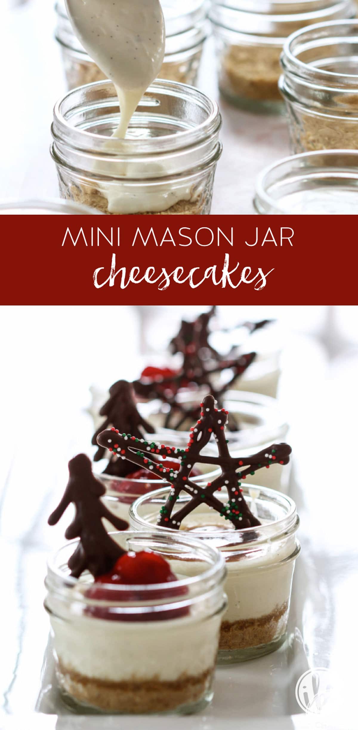 Mini Mason Jar Cheesecakes make a delicious holiday appetizer recipe! #masonjar #cheesecake #christmas #holiday #mini #dessert #recipe