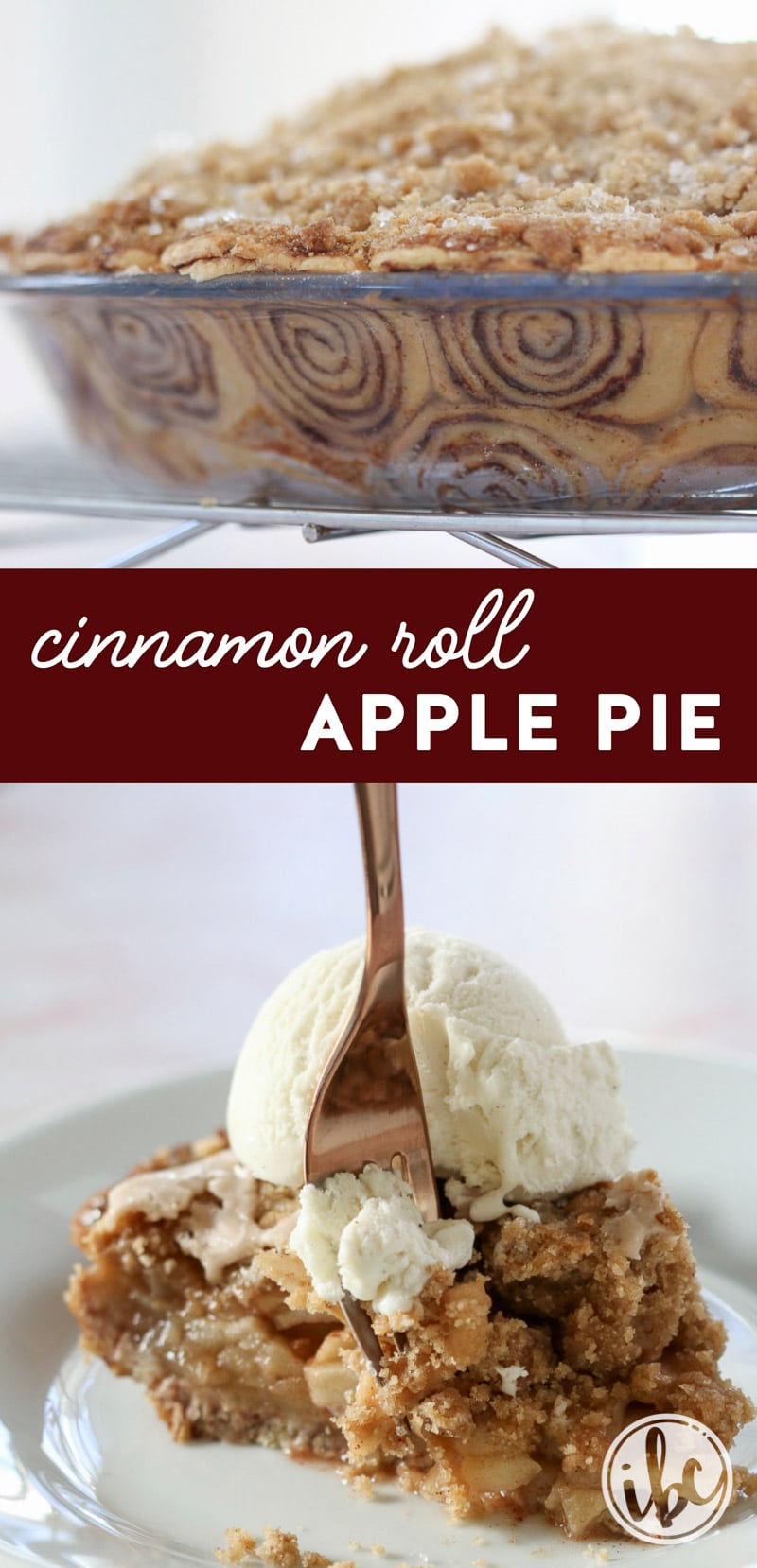 This Cinnamon Roll Apple Pie is a unique take on a classic apple pie. Made with a cinnamon roll inspired crust it looks as delicious as it tastes! #cinnamon #roll #apple #pie #dessert #recipe