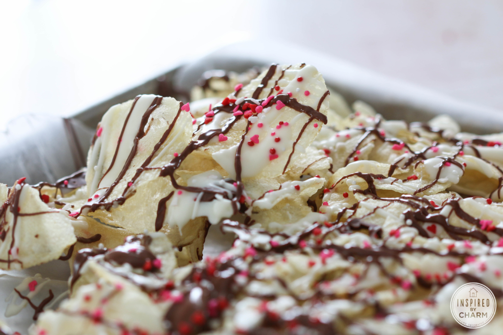 potato chips drizzled with chocolate  and sprinkles.