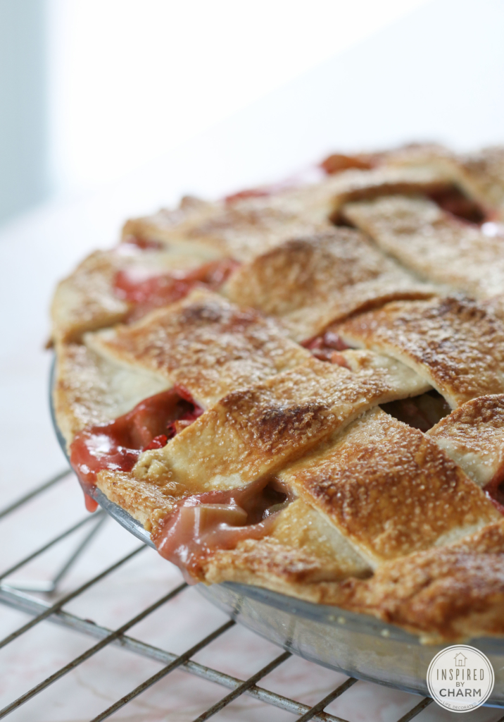 up close photo of strawberry rhubarb pie