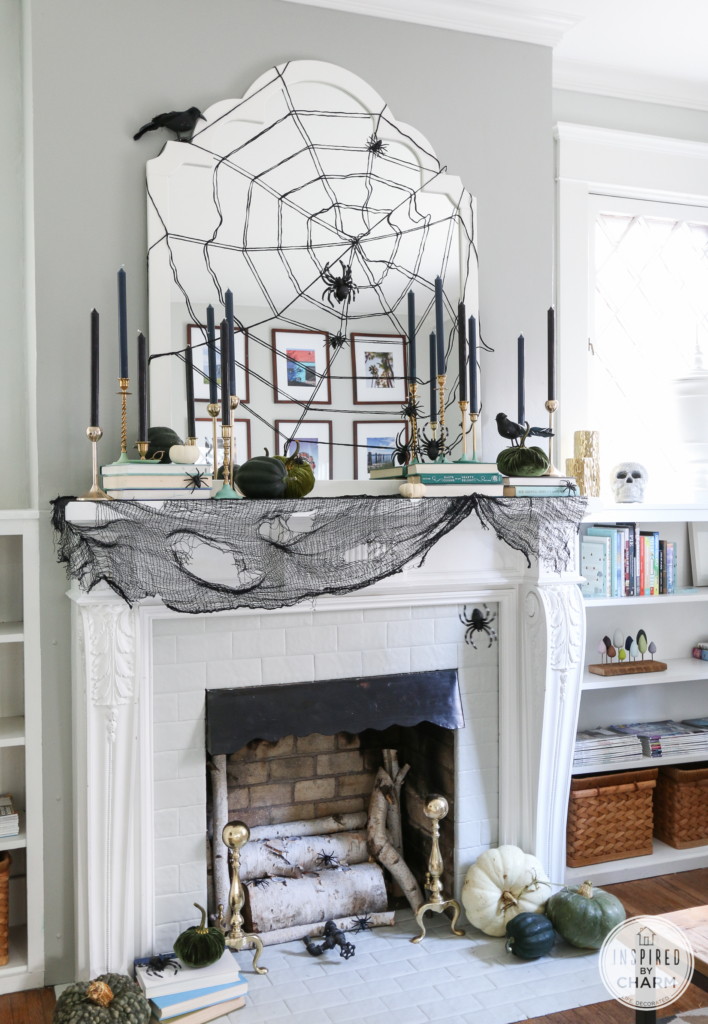 black white and blue themed Halloween home decor mantel ideas