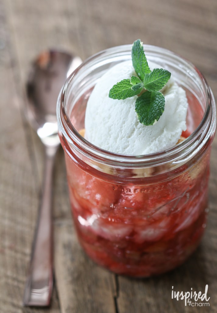 Strawberry Rhubarb Mason Jar Cobblers served in a jar.