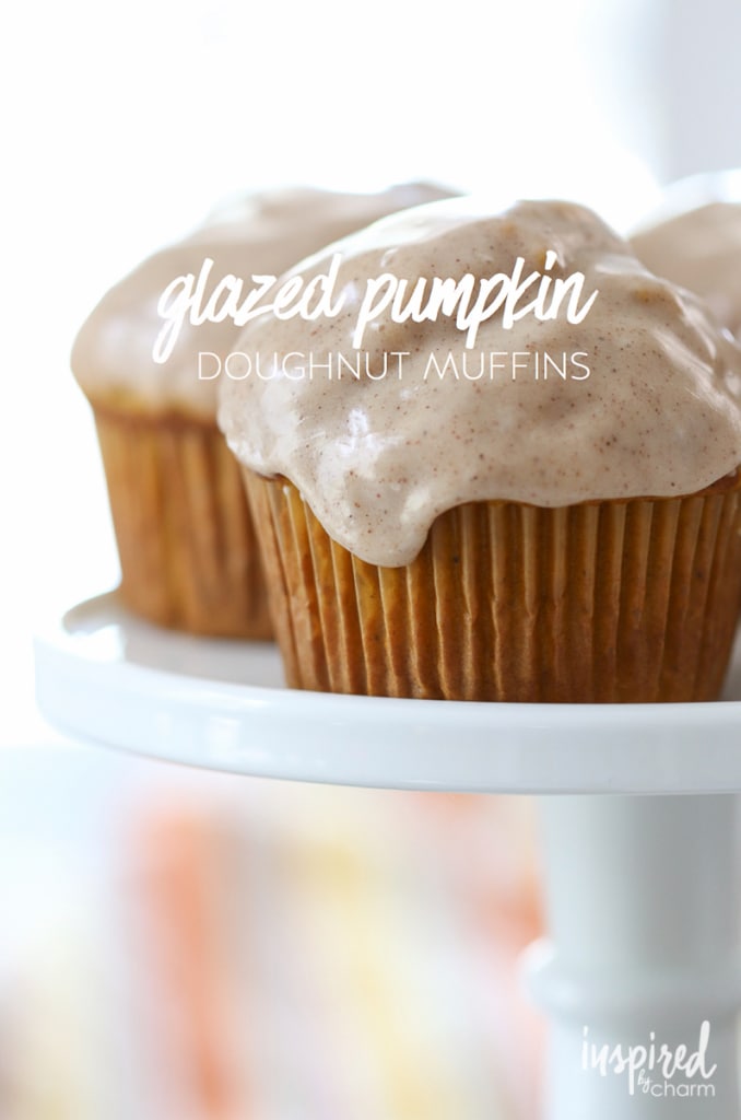 glazed pumpkin donut muffins on a cake stand with title text.