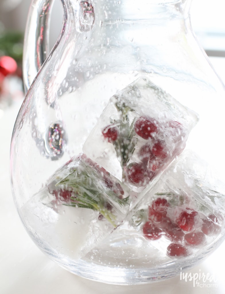 Ice cubes filled with frozen cranberry and rosemary