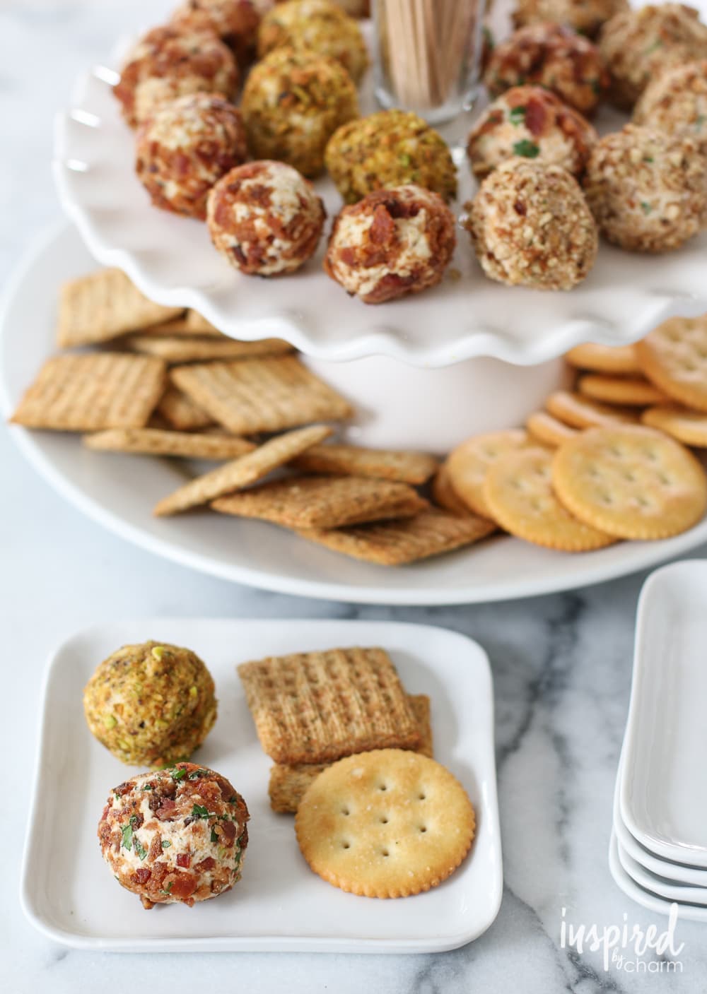 mini cheese ball appetizer recipe on individual plates. 