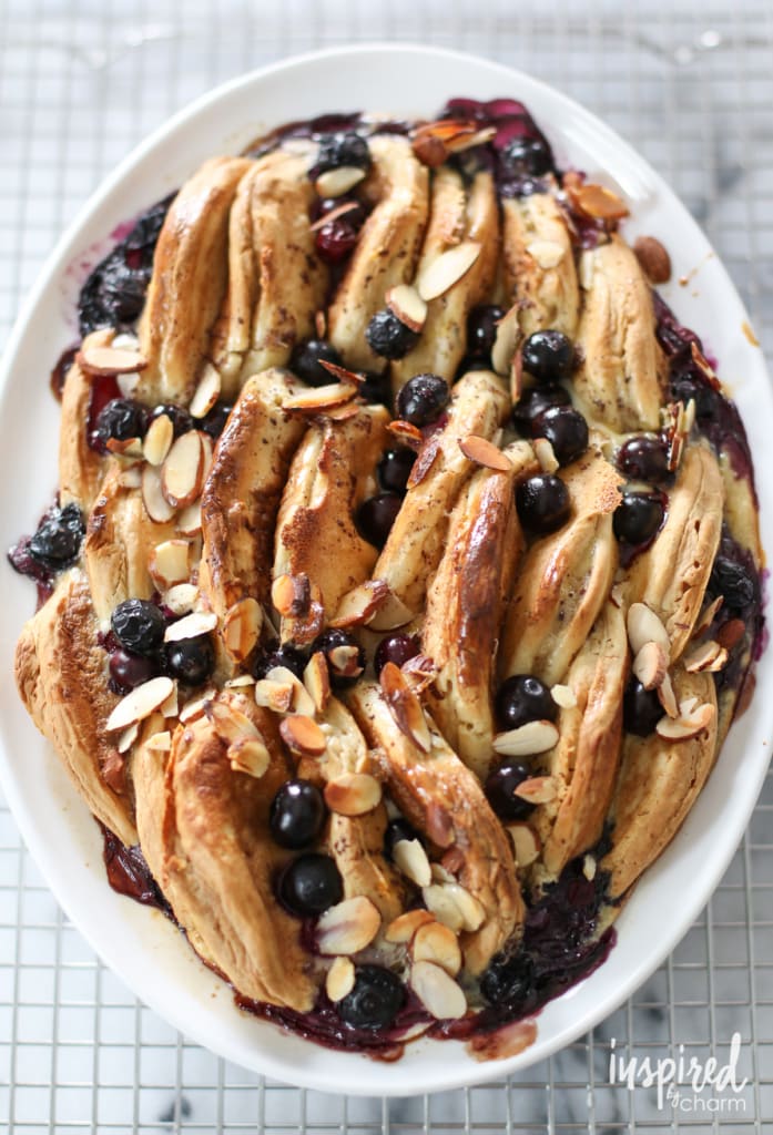 Delicious Blueberry Almond Pancake Pudding in a pan.