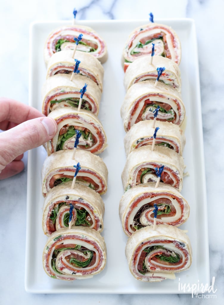 Italian Sub Pinwheel Sandwiches on a platter.