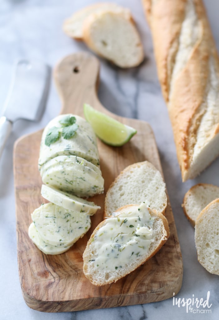 Cilantro lime herb butter on sliced baguette