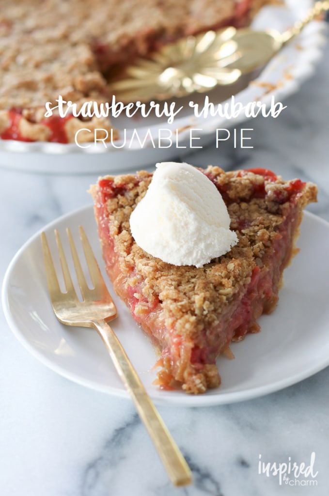 slice of strawberry rhubarb crumble pie with a scope of ice cream.