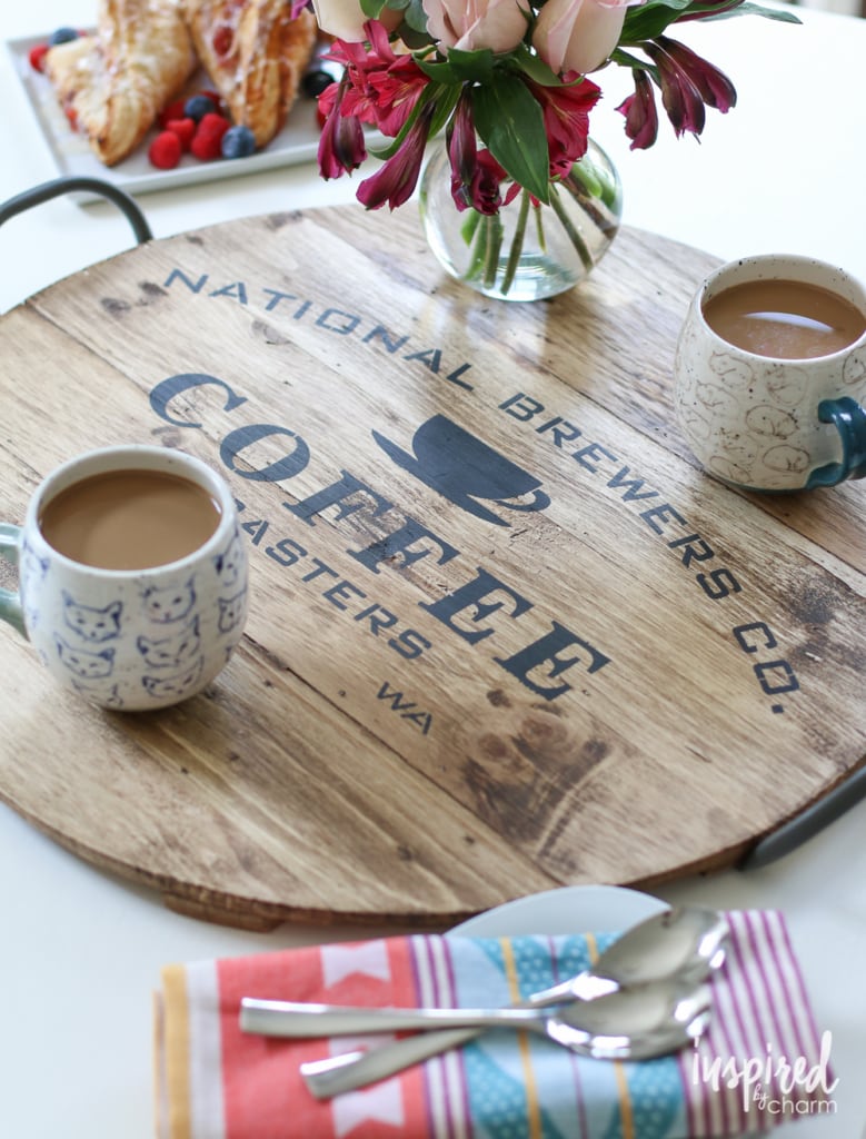 Learn how to make this adorable and function stenciled wooden tray! #tutorial #wooden #tray #coffee 