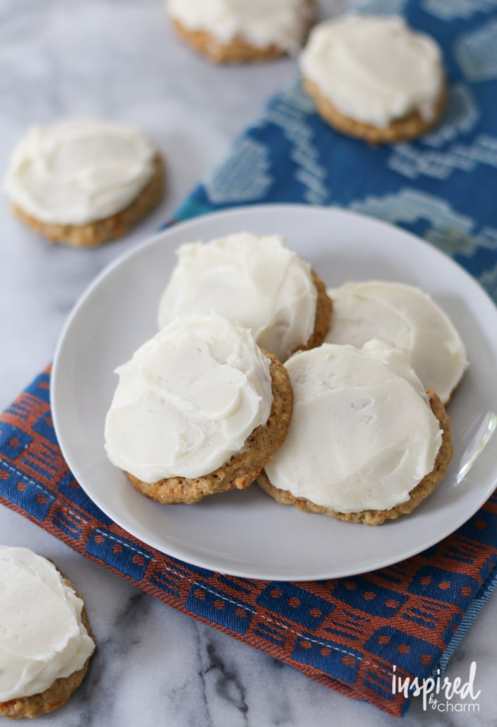 Frosted Carrot Cake Cookies on a plate.
