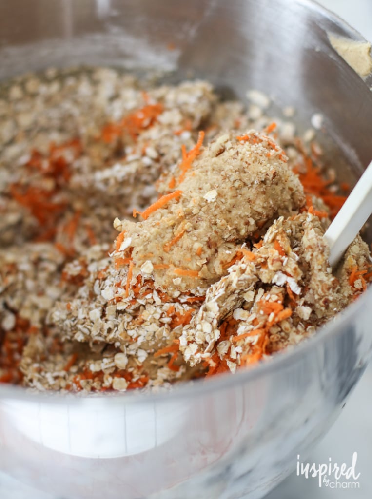 carrot cake cookie batter in mixing bowl.