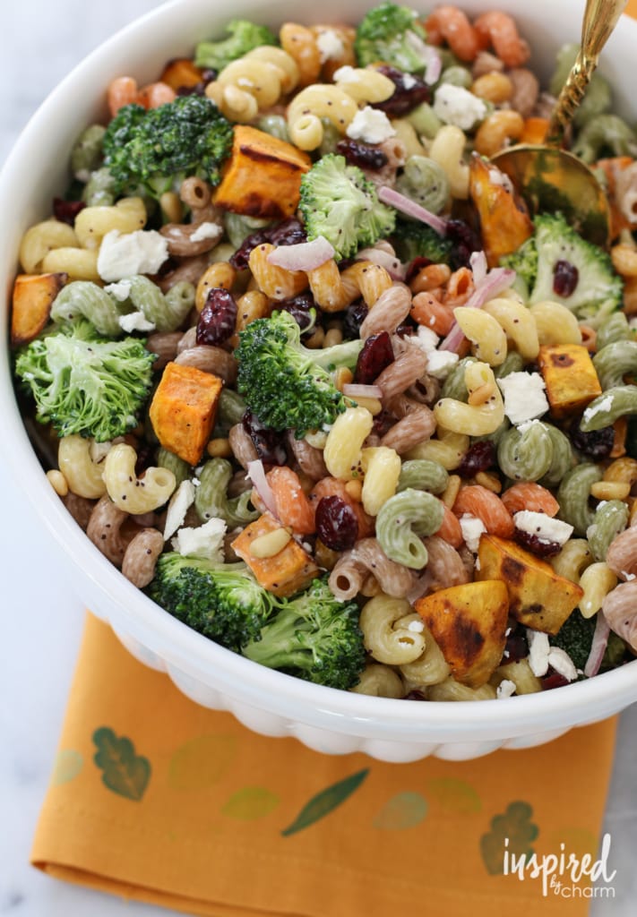 fall inspired pasta salad with sweet potatoes and dried cranberries