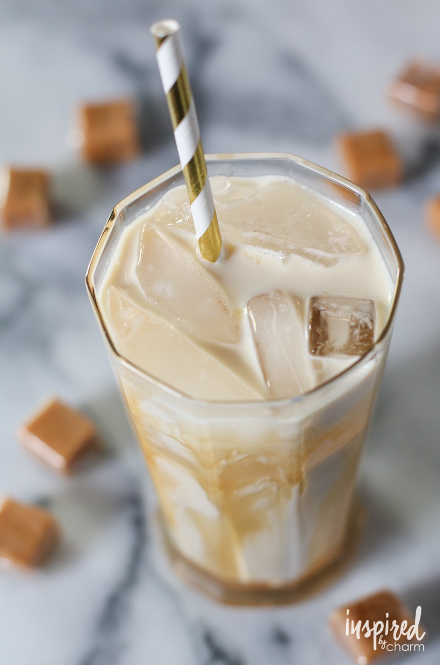 Salted Caramel White Russian in a glass with caramels. 