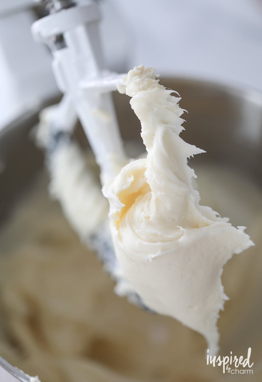 Cream Cheese Frosting on a paddle beater of stand mixer.