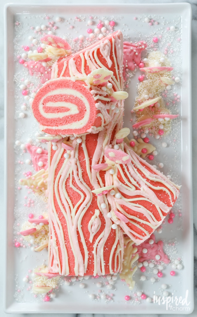 Pink Velvet Yule Log Delicious and beautiful Birch Yule Log Recipe for Christmas entertaining! #yulelog #yule #cake #christmascake #chirstmas #holiday #dessert #recipe 