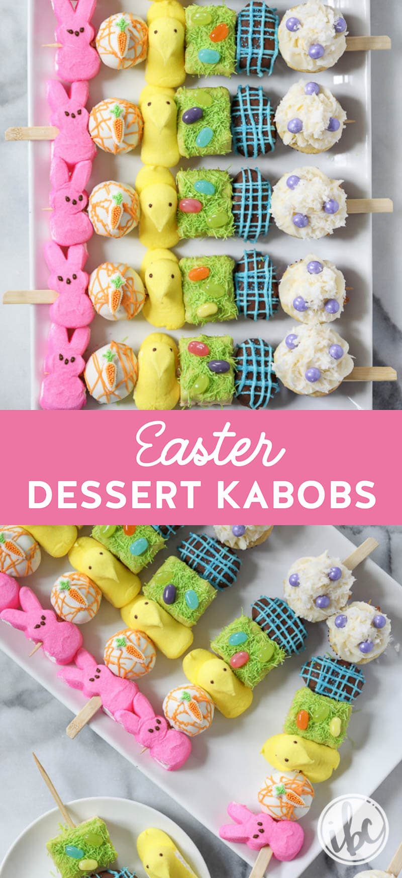 These Easter Dessert Kabobs are a taste of all your favorite #easter #desserts! #peeps #peanutbutter eggs #carrotcake and more!