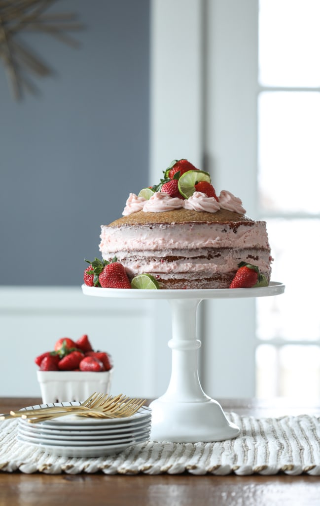 Strawberry Limeade Naked Cake for spring and summer entertaining. Delicious homemade strawberry cake. | Inspired by Charm