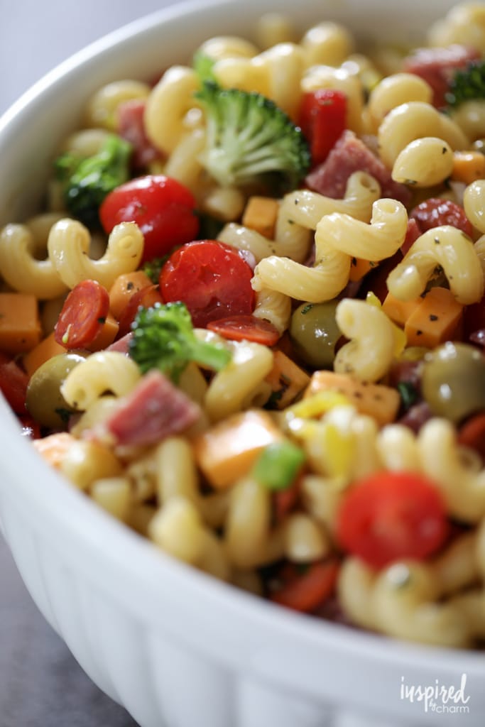 up close shot of a bowl of the best pasta salad recipe. 
