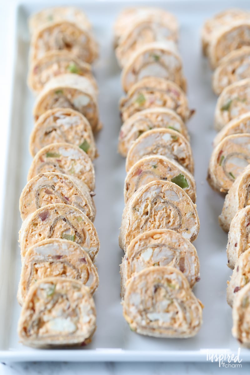 Buffalo Chicken Roll-Ups: An easy appetizer recipe for any party or celebration. #buffalo #chicken #pinwheel #roll-ups #appetizer #recipe