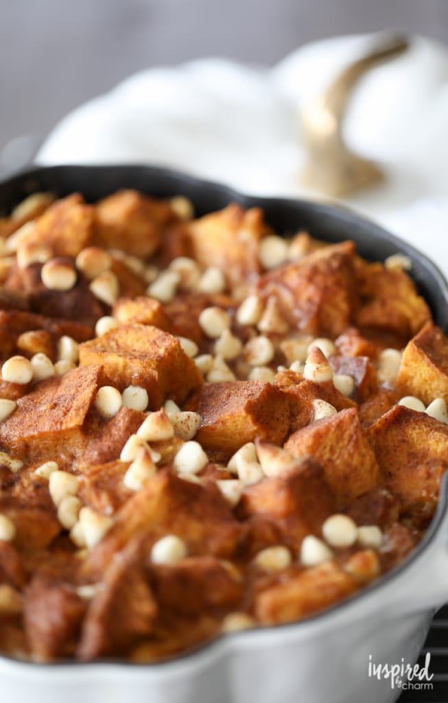 This Pumpkin White Chocolate Bread Pudding made with challah bread and pumpkin custard is the perfect dessert for fall. 