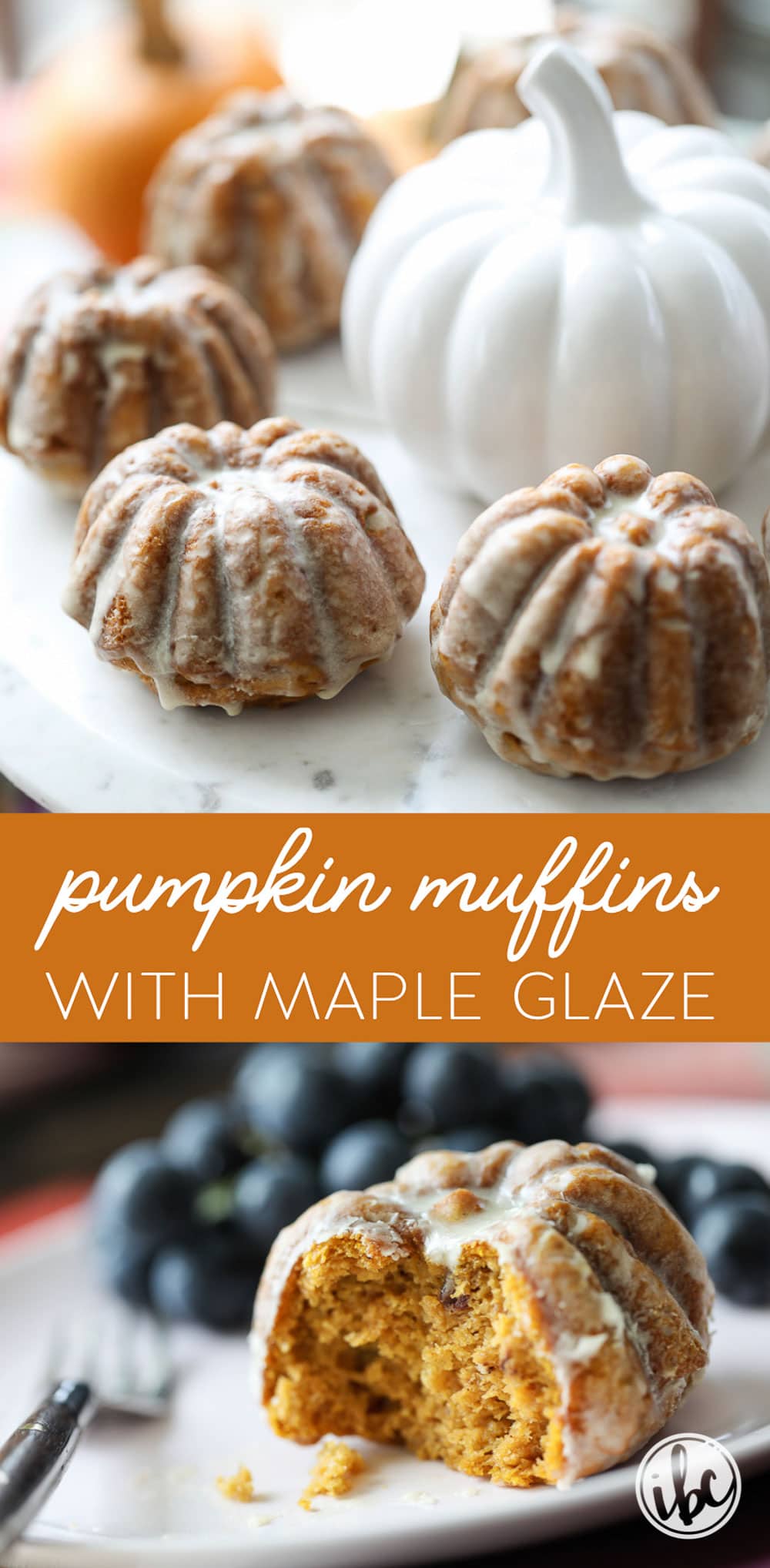 These Pumpkin Muffins with Maple Glaze make the perfect fall breakfast, brunch, or dessert treat. #pumpkin #muffins #maple #glaze #breakfast #dessert #pumpkinspice #recipe