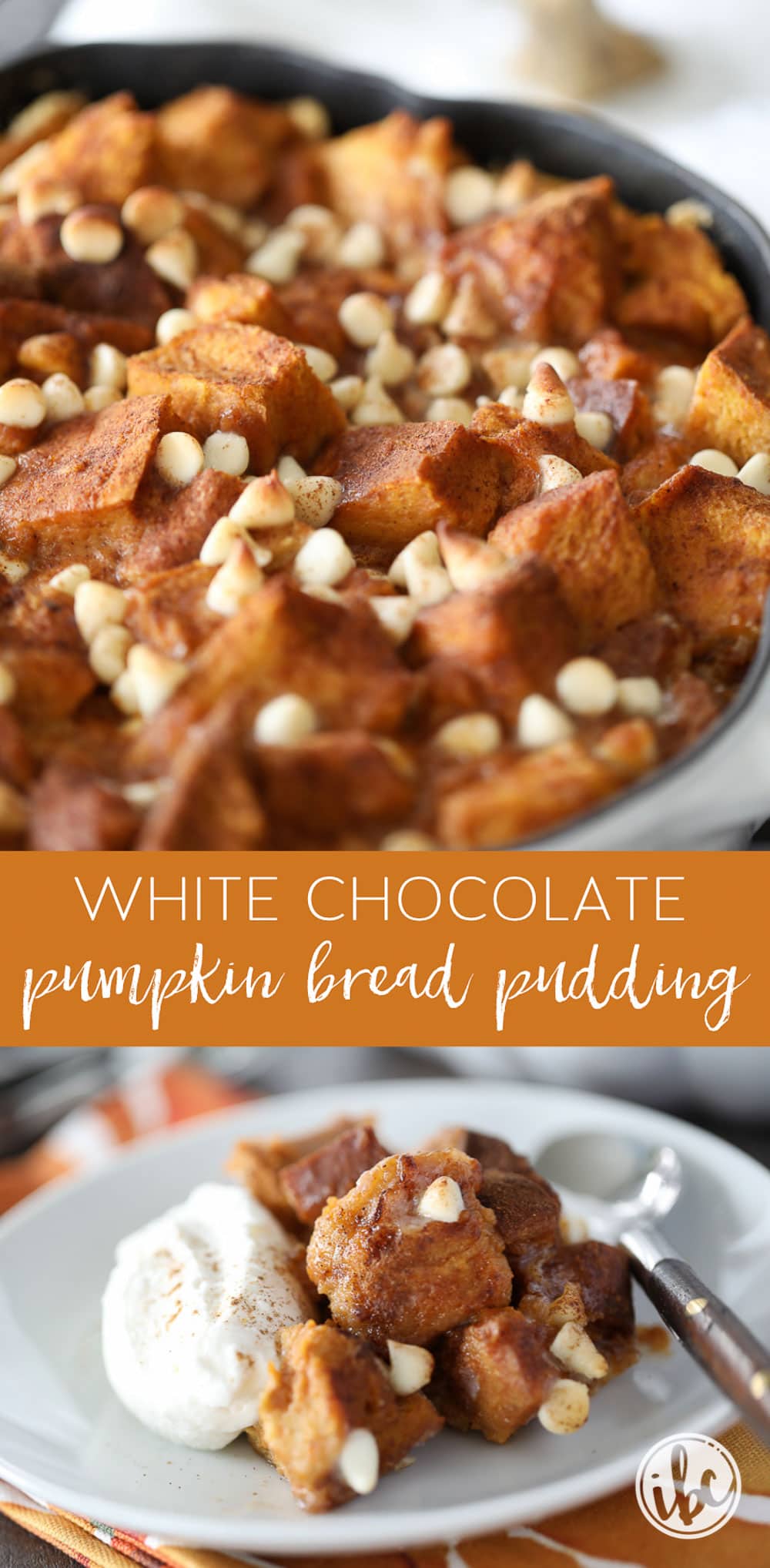 This Pumpkin White Chocolate Bread Pudding made with challah bread and pumpkin custard is the perfect dessert for fall. #pumpkin #pumpkinspice #bread #pudding #fall #baking #recipe