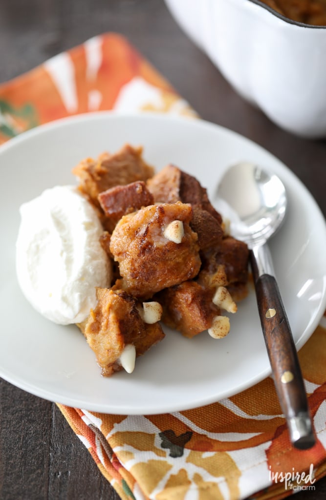 This Pumpkin White Chocolate Bread Pudding made with challah bread and pumpkin custard is the perfect dessert for fall. 
