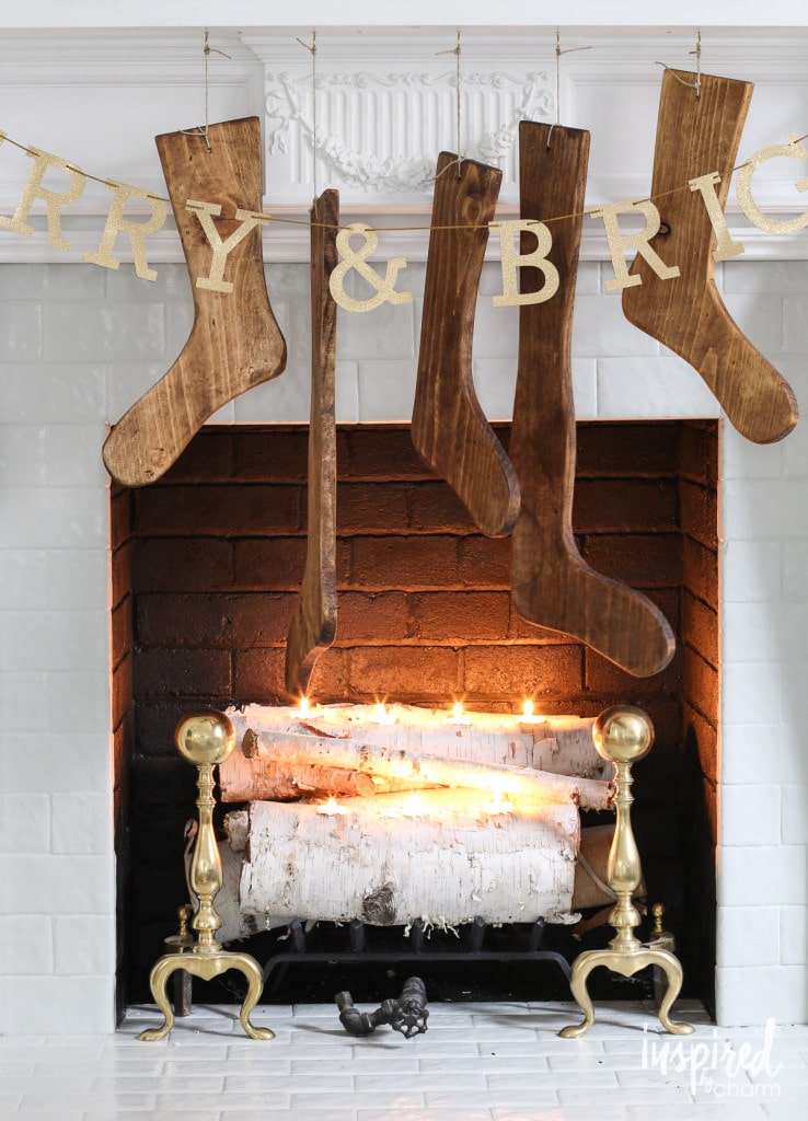 Antique Wood Stockings for a Christmas Fireplace Mantel #DIY #wood #stocking #fireplace #mantel #decor