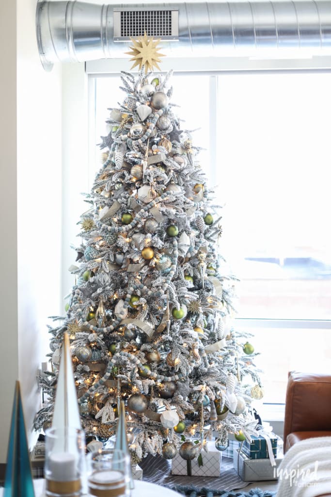 white gold and green flocked tree