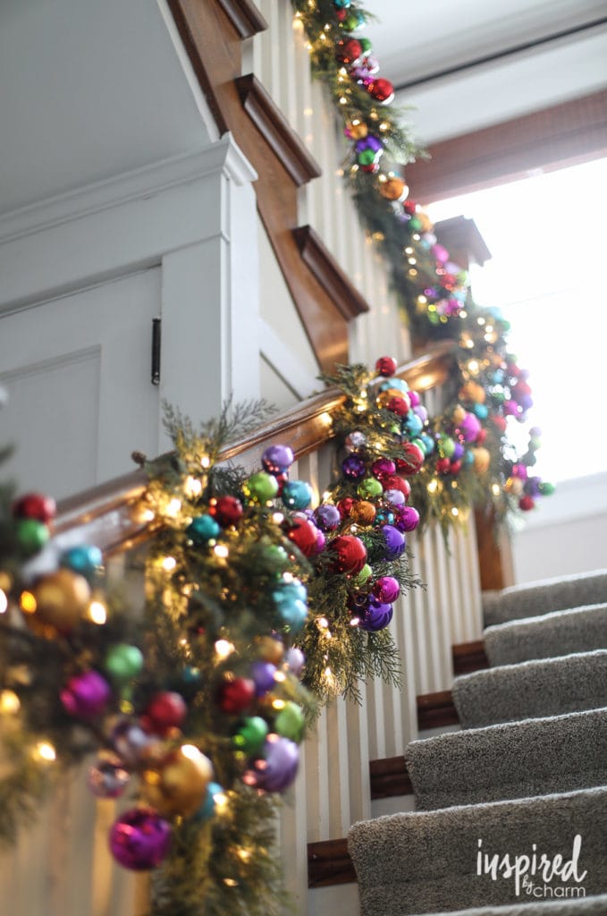 colorful garland along stair banister