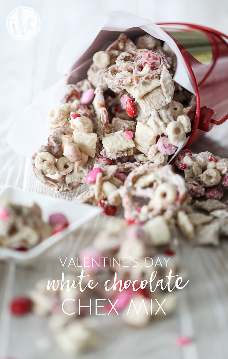 This Valentine's Day White Chocolate Chex Mix makes the perfect sweet treat to give.