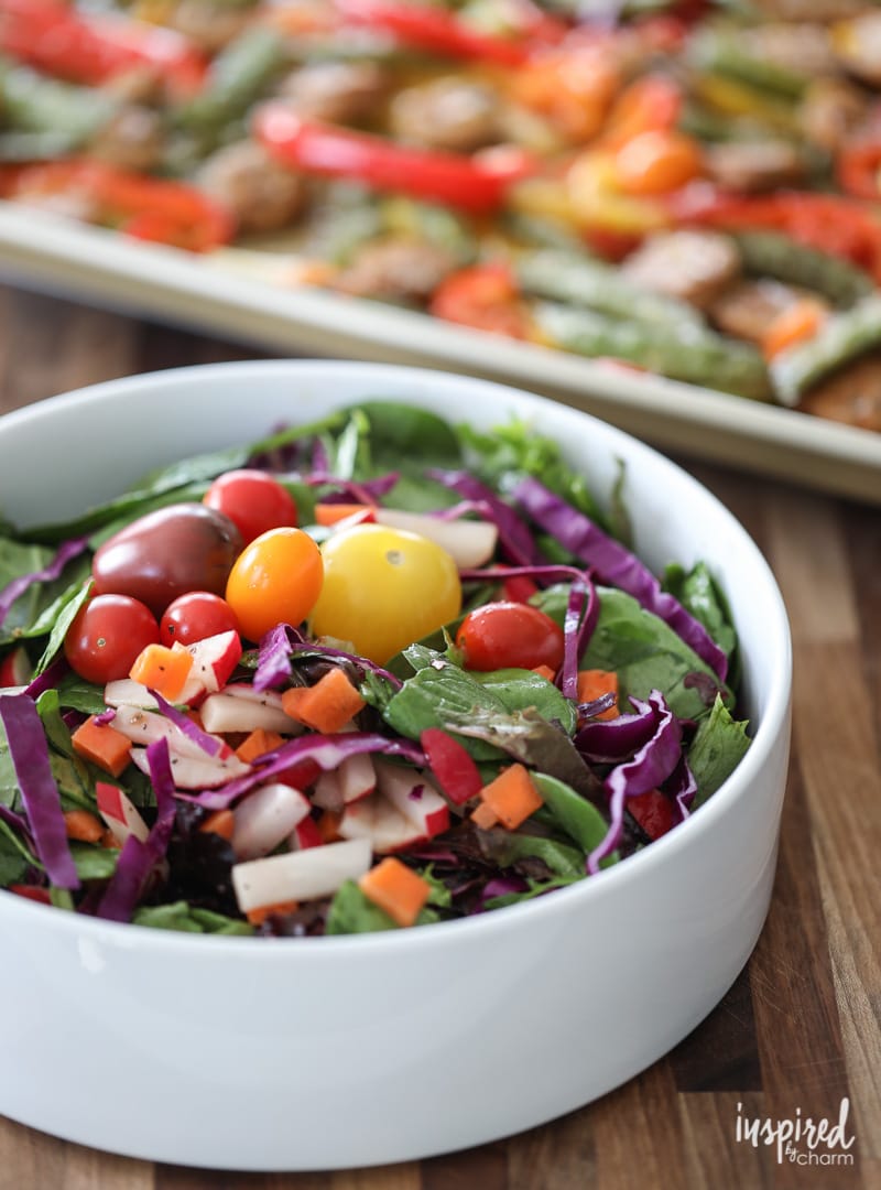 Easy side salad to pair with a delicious Sausage and Pepper Sheet Pan Dinner