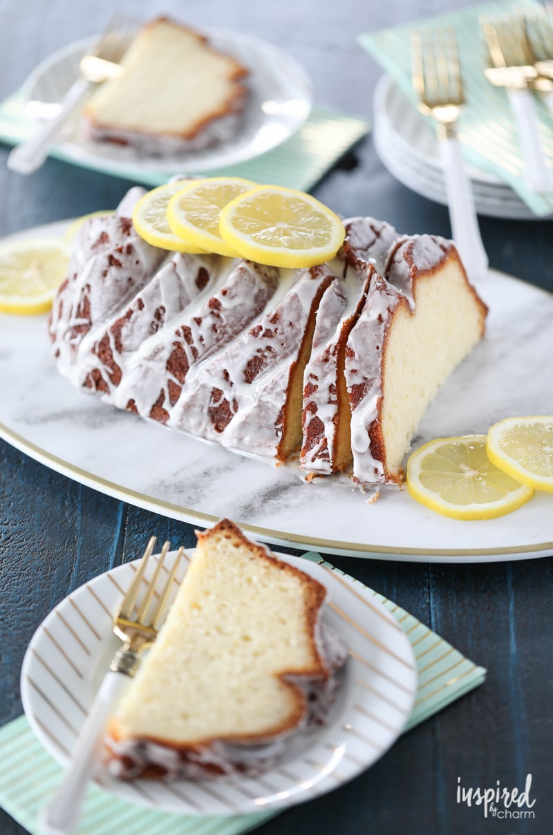 Sliced lemon cake on a platter 