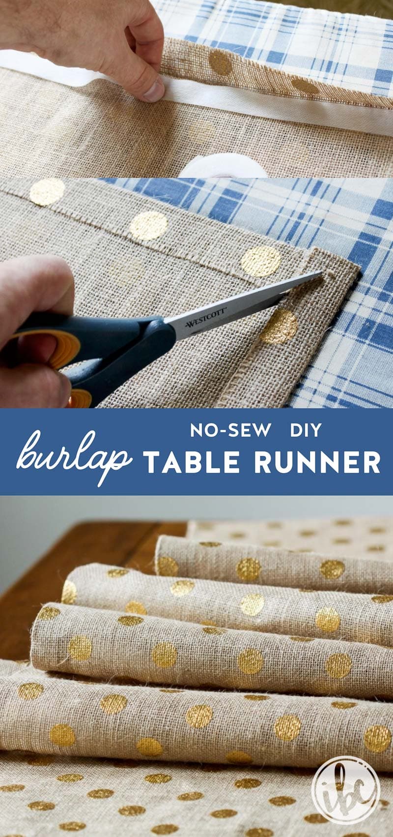 Step-by-step tutorial for making a no-sew DIY burlap table runner. #burlap #table #runner