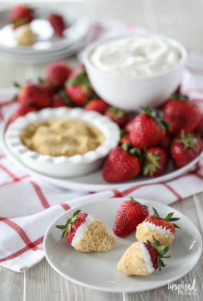 Cheesecake Dip with Strawberries served on a large platter and on a small plate.