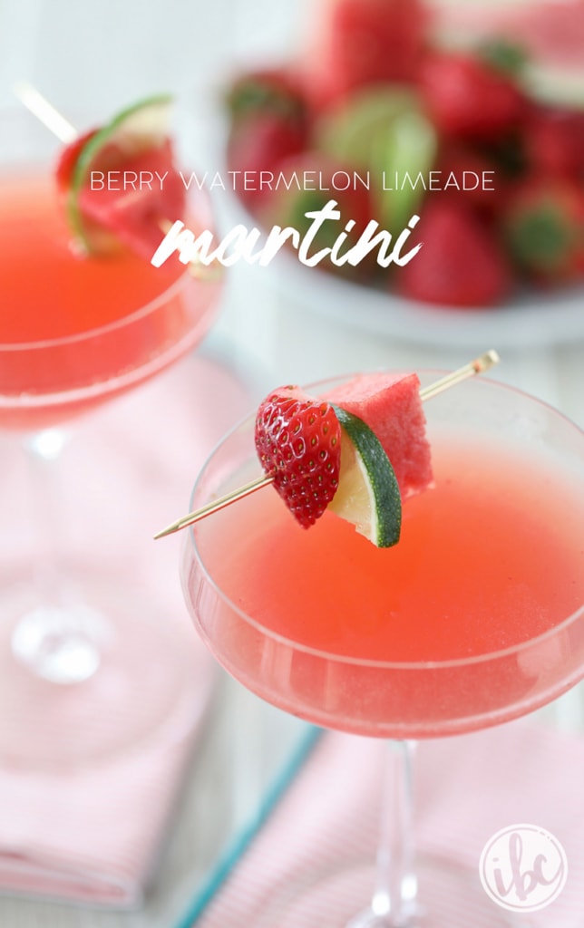 This Berry Watermelon Limeade combines all the flavors of summer into on delicious cocktail recipe. #strawberry #watermelon #lime #limeade #martini #cocktail #recipe