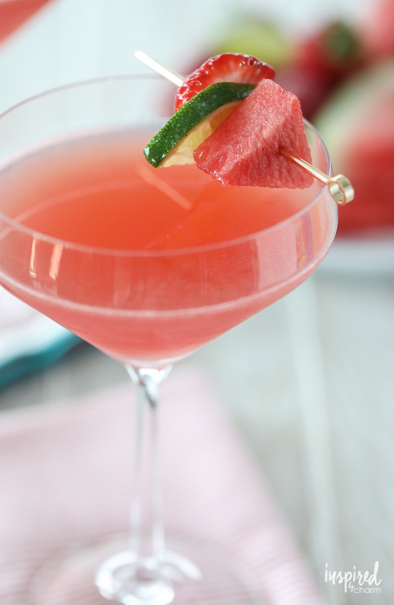 Berry Watermelon Limeade Martini in a martini glass with garnish.