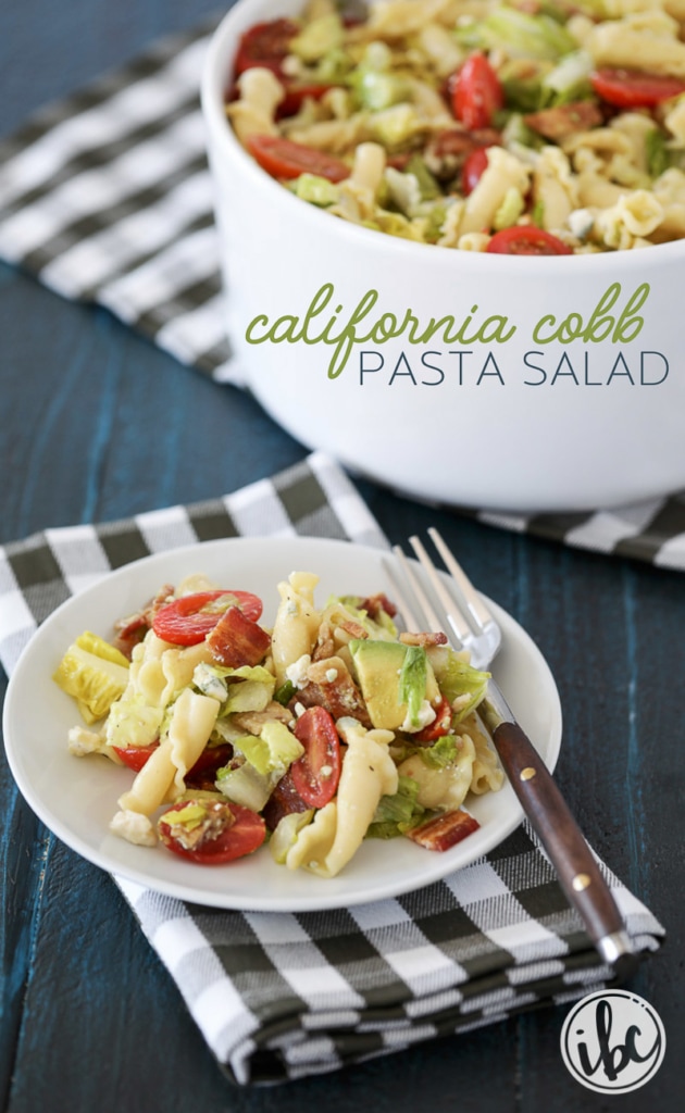 This California Cobb Pasta Salad Recipe with bacon, avocado, blue cheese, romaine, and tomatoes is perfect for summer entertaining! #pasta #salad #recipe #appetizer 