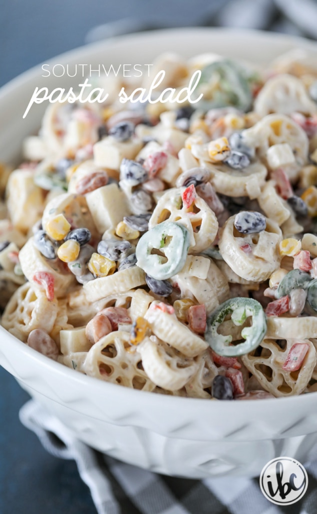 Made with pasta, beans, corn, peppers, cheese, and jalapeños - this Southwest Pasta Salad is a winner! #pastasalad #pasta #salad #southwest #recipe