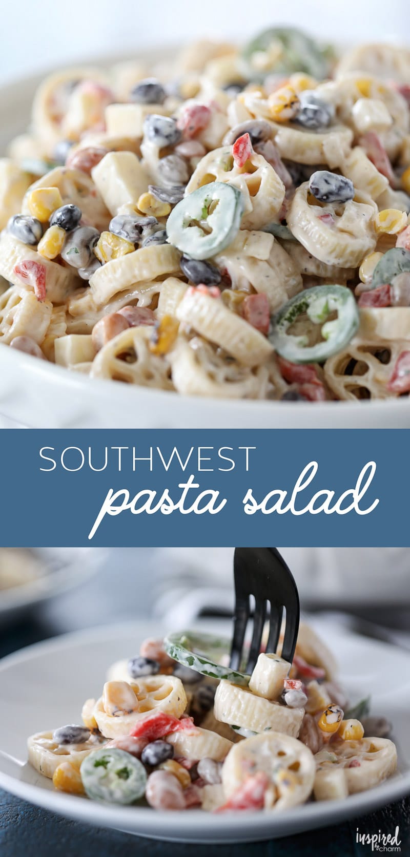 This Southwest Pasta Salad is a twist on the classic. Wagon wheel pasta tossed with corn, beans, roasted red peppers, and creamy ranch dressing creates a flavor combination you and your guests will love.