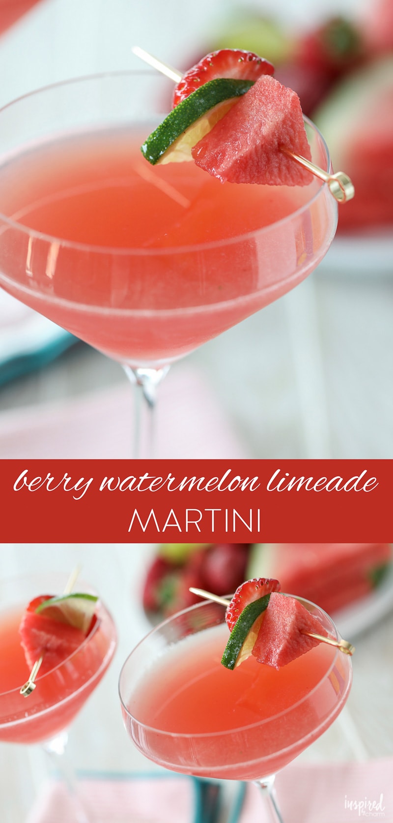 This Berry Watermelon Limeade combines all the flavors of summer into on delicious cocktail recipe. #strawberry #watermelon #lime #limeade #martini #cocktail #recipe