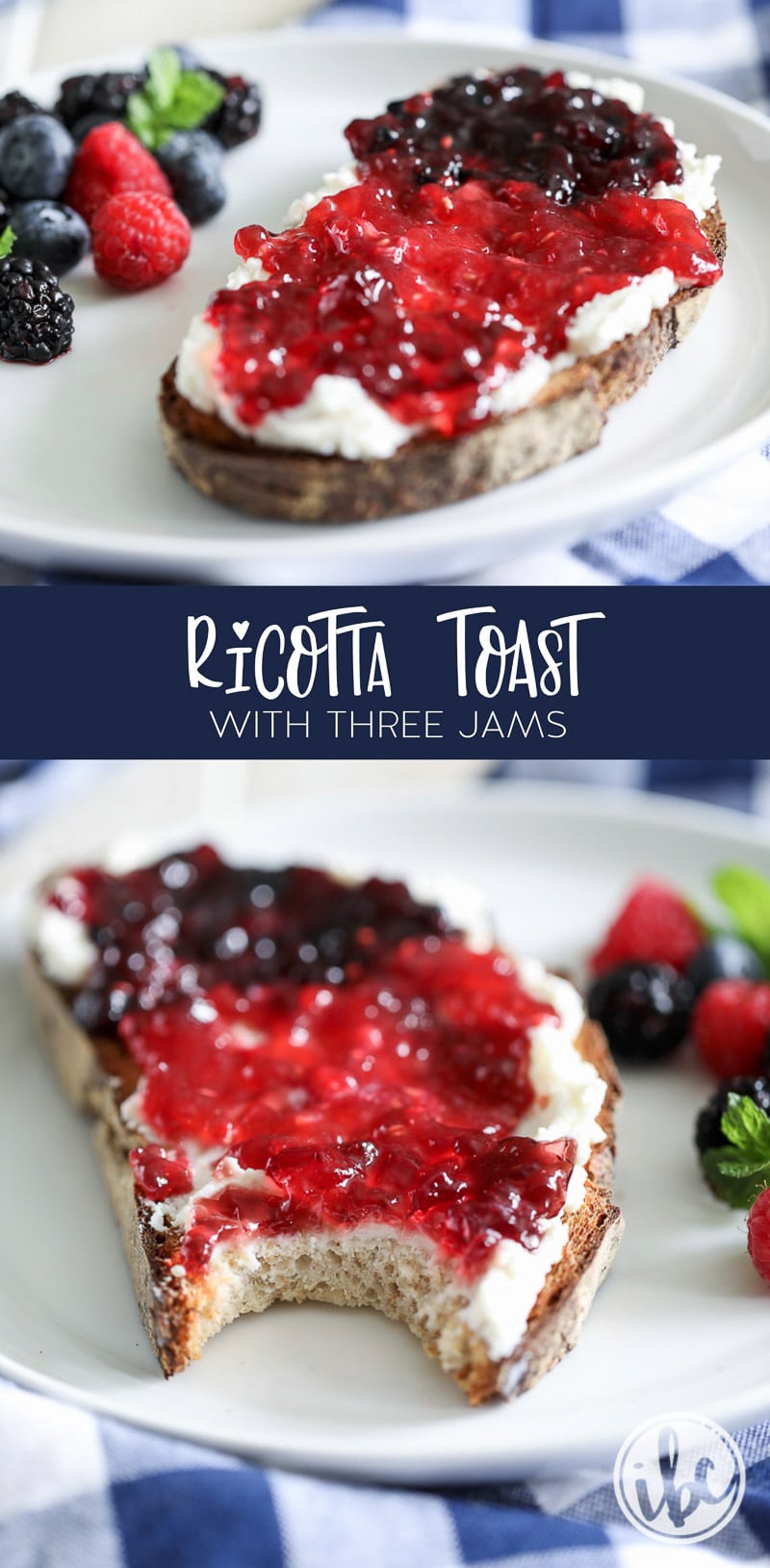 I love Ricotta Toast with Three Jams for an easy beautiful breakfast treat. #ricotta #toast #breakfast #berry #jam #jelly