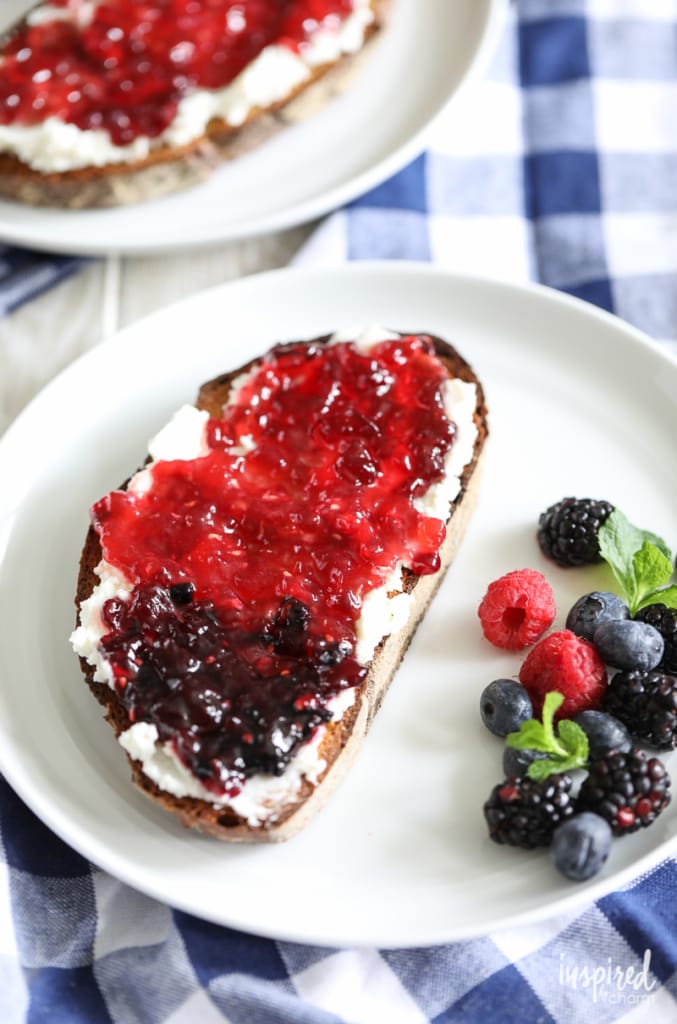 I love Ricotta Toast with Three Jams for an easy beautiful breakfast treat. #ricotta #toast #breakfast #berry #jam #jelly