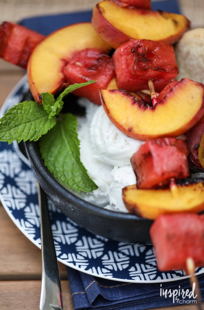 These Grilled Peach and Watermelon Kabobs with Ice Cream make a delicious summer dessert! #kabobs #dessert #peaches #watermelon #grilled #recipe 