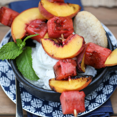 These Grilled Peach and Watermelon Kabobs with Ice Cream make a delicious summer dessert! #kabobs #dessert #peaches #watermelon #grilled #recipe