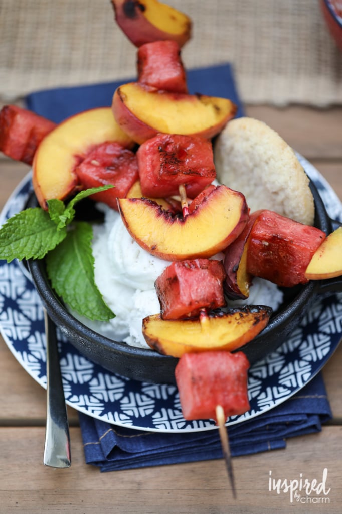 These Grilled Peach and Watermelon Kabobs with Ice Cream make a delicious summer dessert! #kabobs #dessert #peaches #watermelon #grilled #recipe 